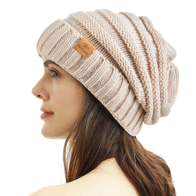 PAGE ONE Womens Winter Beanie Warm Cable Knit Hat Style Stretch Trendy Ribbed Chunky Cap Beige - Image 1